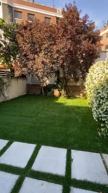 Pasos de piedra sobre césped, con arbolado de otoño y arbusto en flor
